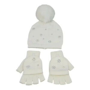 Girls White/Cream Sparkly Snowflake Knit Hat Beanie with Fingerless Glove set
